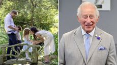 A composite of the Sussexes' 2025 Christmas family photo and a picture of King Charles in 2026
