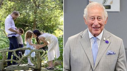A composite of the Sussexes' 2025 Christmas family photo and a picture of King Charles in 2026