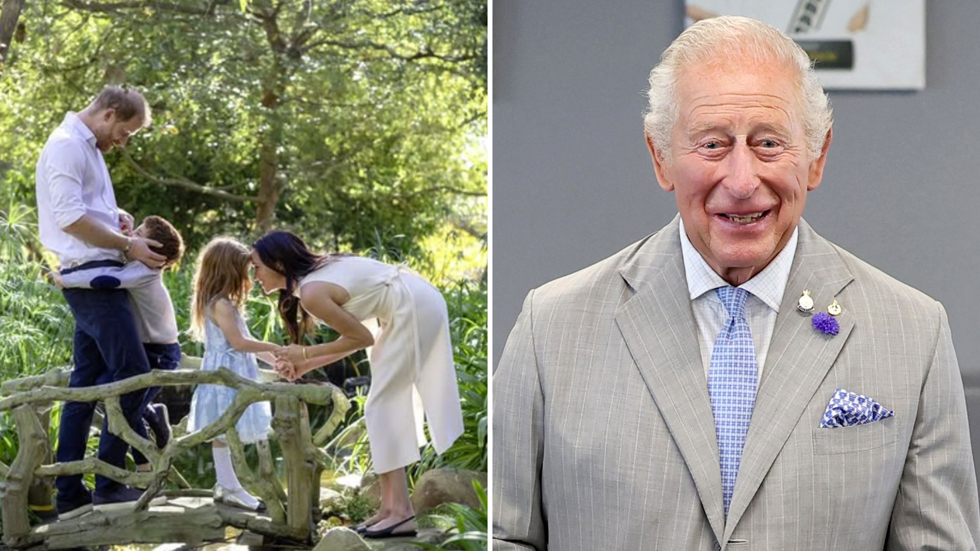 A composite of the Sussexes' 2025 Christmas family photo and a picture of King Charles in 2026