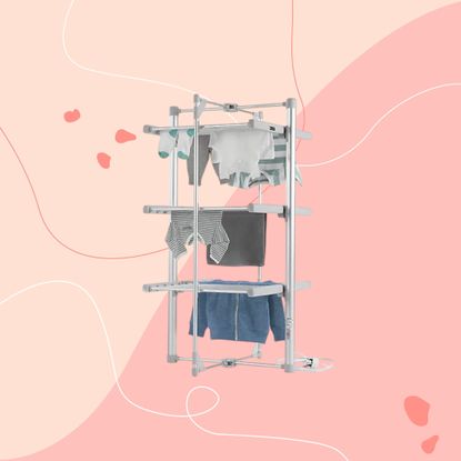Lakeland Drysoon 3-tier heated clothes airer on a pink graphic background