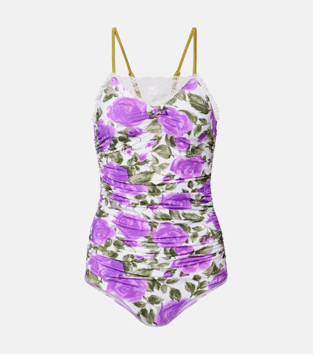 Floral Ruched Lace-Trimmed Swimsuit in Purple - Chloe
