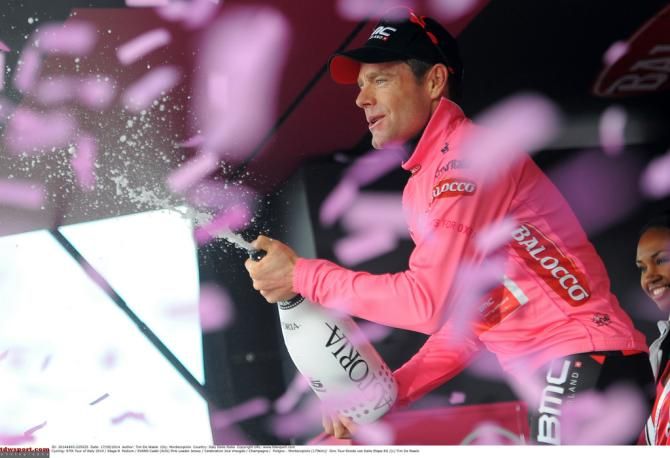 Cadel Evans (BMC) spraying the champange