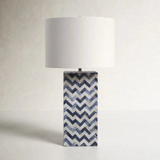 blue and white table lamp with rectangular base and chevron pattern