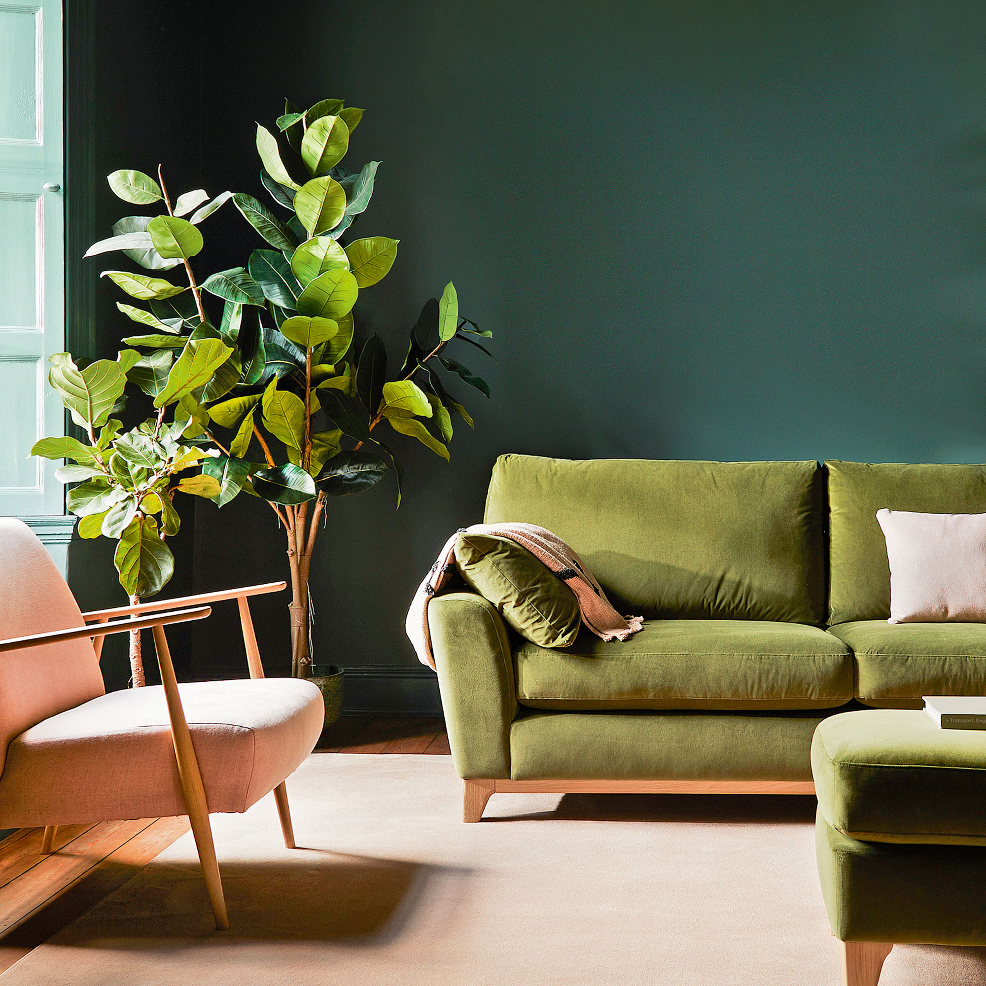 Green living room with green sofa