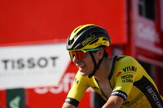 PICO VILLUERCAS SPAIN AUGUST 20 Cian Uijtdebroeks of Belgium and Team Visma Lease a Bike reacts after the La Vuelta 79th Tour of Spain 2024 Stage 4 a 1705km stage from Plasencia to Pico Villuercas 1544m UCIWT on August 20 2024 in Pico Villuercas Spain Photo by Dario BelingheriGetty Images