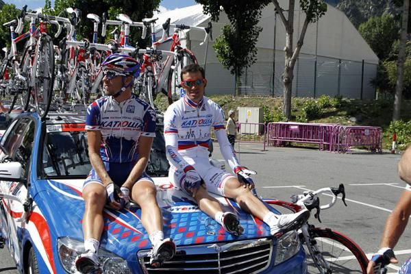 Team Katusha riders await the start of stage 12.
