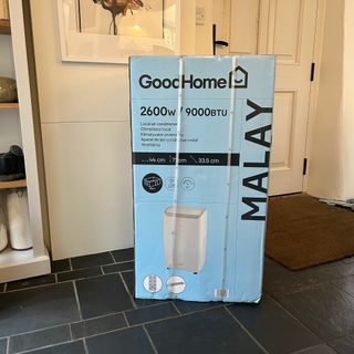 The GoodHome Malay 9000BTU air conditioner in a blue branded box