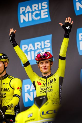 Danish Jonas Vingegaard Hansen of Team Visma-Lease a Bike pictured at the start of the first stage of 83th edition of the Paris-Nice cycling race, from and to Le Perray-en-Yvelines (156,5km), Sunday 09 March 2025. BELGA PHOTO DAVID PINTENS (Photo by DAVID PINTENS / BELGA MAG / Belga via AFP)