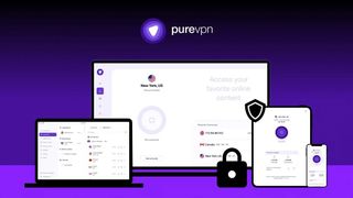 PureVPN open on a number of devices standing under the PureVPN logo against a purple background