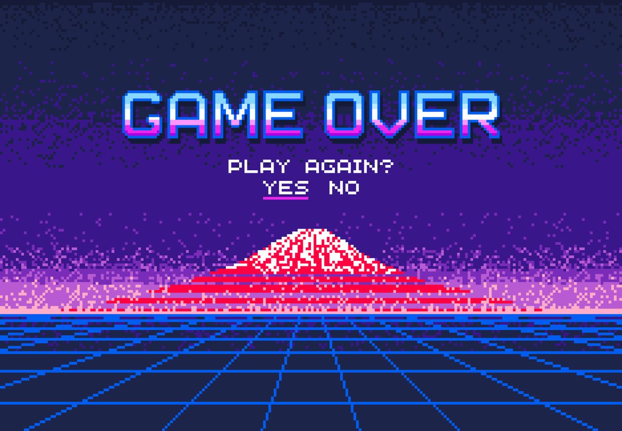 Pixel illustration of Play again question, 8bit arcade or old console final menu