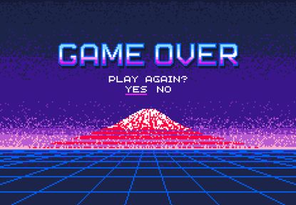 Pixel illustration of Play again question, 8bit arcade or old console final menu