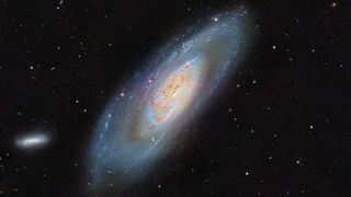 An image of the galaxy Messier 106, featuring swirling spiral arms centred around an active core, as captured by amateur astronomer Ronald Brecher