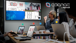 The Hiperwall Engage collaboration solution being used in a conference room. 