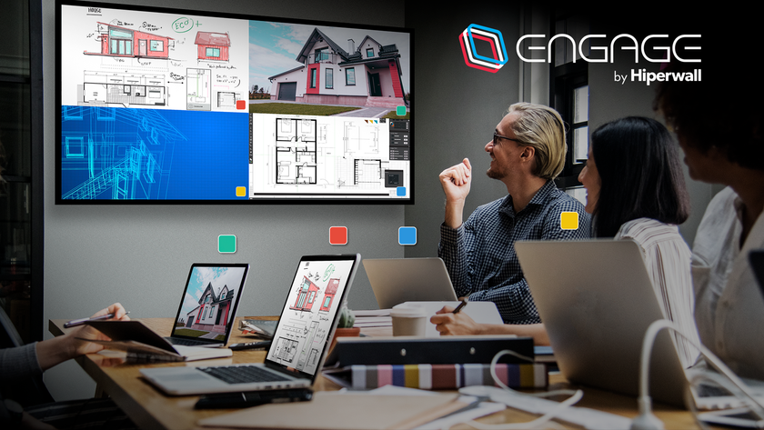 The Hiperwall Engage collaboration solution being used in a conference room. 