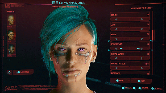 Cyberpunk 2077 facial customization menu, animated