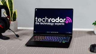 The HP Omen Transcend 14 on a table