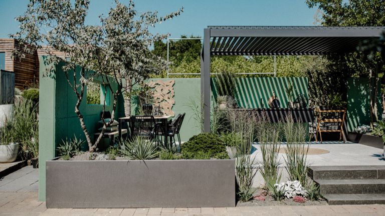 Outdoor kitchen with sage painted walls slatted cover and olive trees