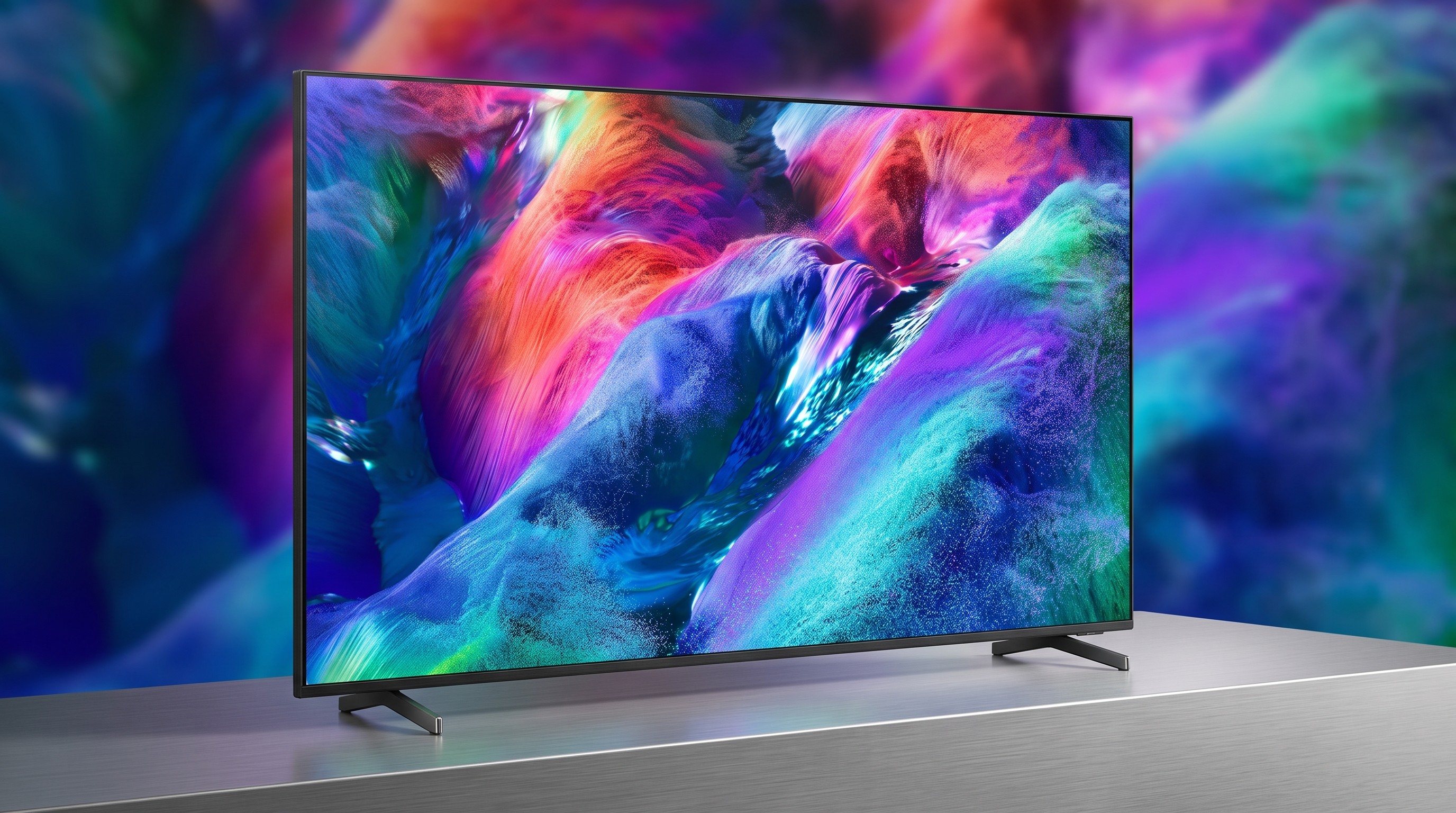 The Samsung R85H Micro RGB TV on a metallic TV stand