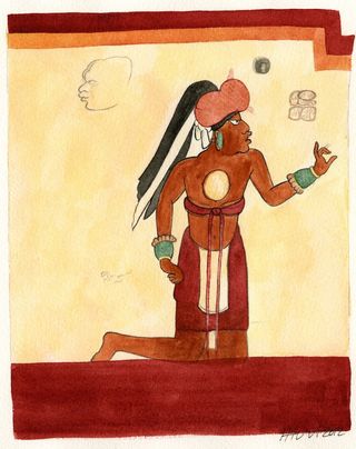 A painting recreating the scribe from the Saturno Mayan Mural.
