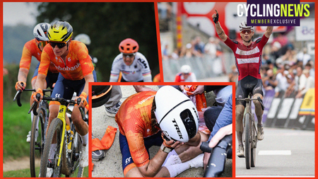 A split image of the Dutch women's gravel squad, and Mads Wurtz Schmidt