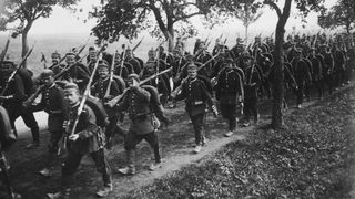 A large group of German infantrymen from World War I
