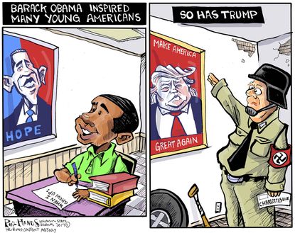Political cartoon U.S. Obama Trump inspiration white supremacy