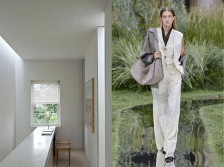 white hallway with a stool and a window paired with a model walking a runway in a white suit in front of green plants