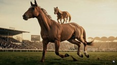 A still from the Aachen AI video showing a horse being ridden by a Shetland in the Aachen arena