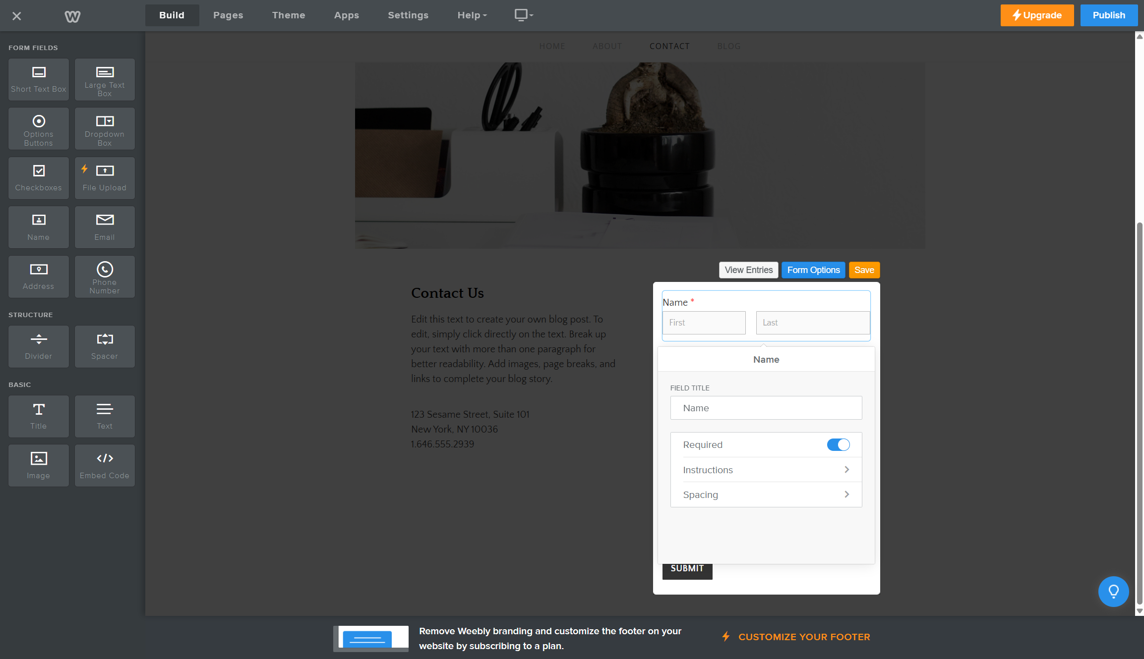 Screenshot of Weebly form builder