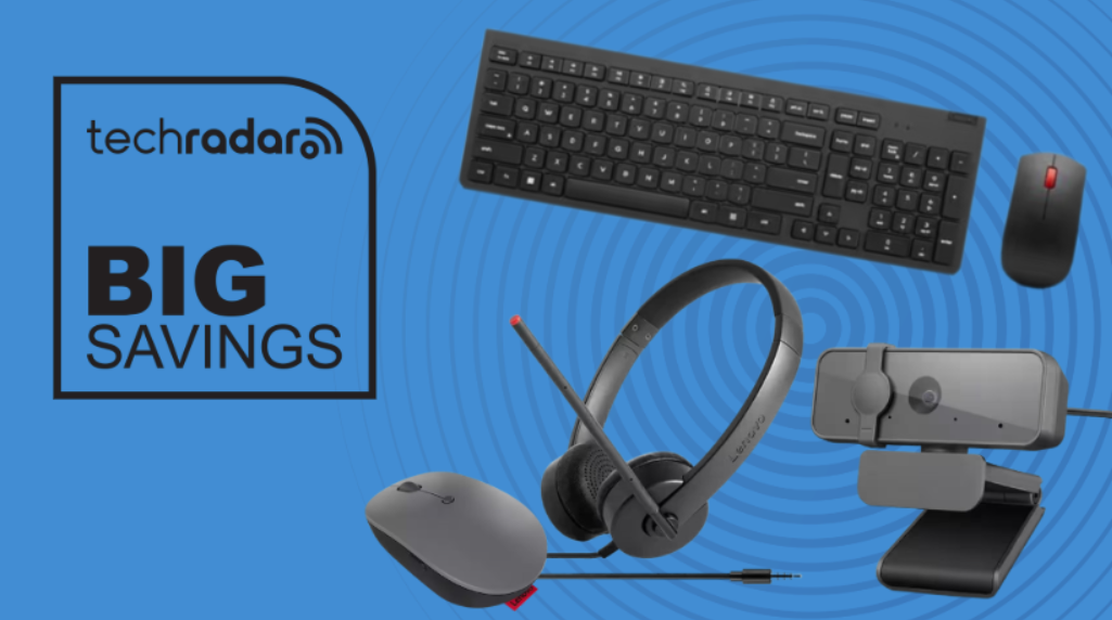 Lenovo PC accessories on a blue background next to a TechRadar badge that reads 'Big Savings'