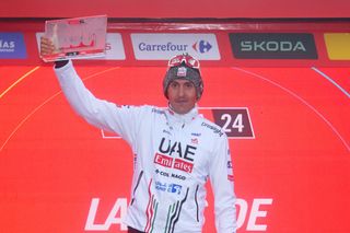 LAGOS DE COVADONGA SPAIN SEPTEMBER 03 Marc Soler of Spain and UAE Team Emirates celebrates at podium as stage winner during the La Vuelta 79th Tour of Spain 2024 Stage 16 a 1815km stage Luanco to Lagos de Covadonga 1069m UCIWT on September 03 2024 in Lagos de Covadonga Spain Photo by Tim de WaeleGetty Images