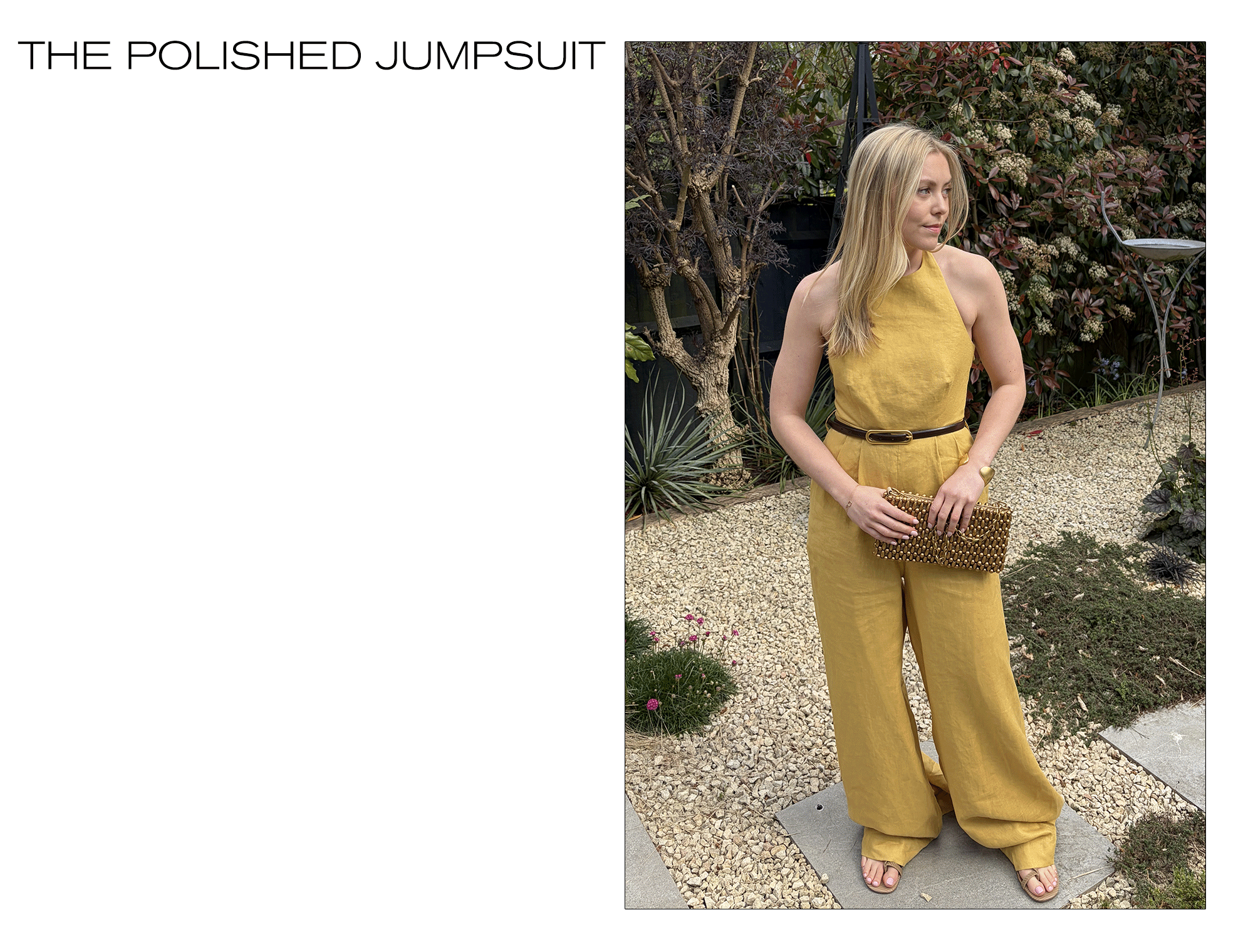 Woman wears yellow jumpsuit, carries gold bag and wear gold bandle