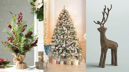 A three panel image of Way Day Christmas decor; a mini Christmas tree, a large frosted Christmas tree, and a cast iron reindeer