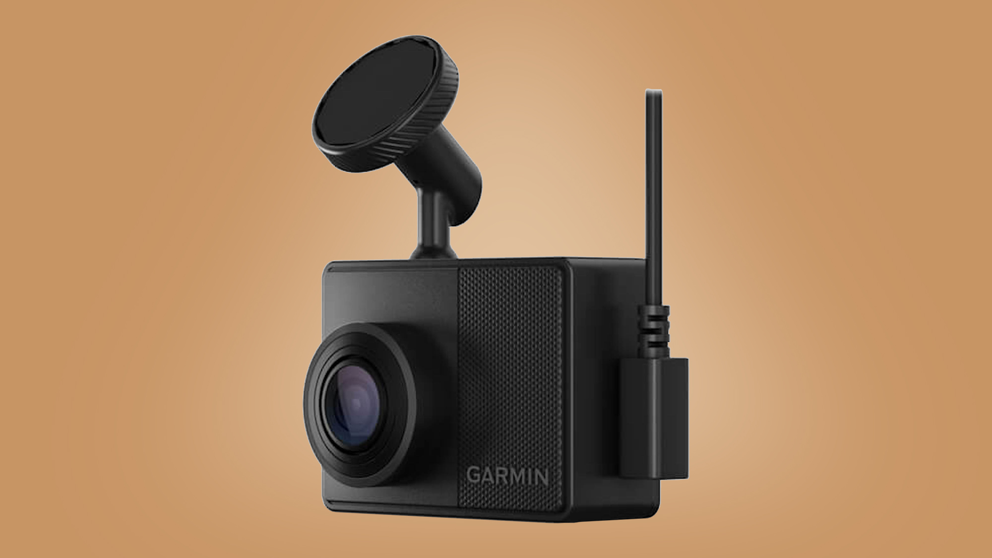 The Garmin Dash Cam 67W, one of the best dash cam, on a beige background