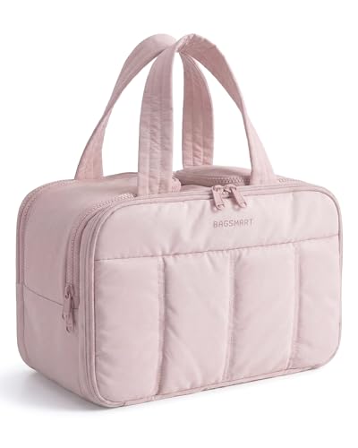 Bagsmart Travel Toiletry Bag, Puffy Large Toiletry Bag for Women, Lightweight Cosmetic Makeup Bag Organizer With Handle for Traveling, Accessories, Essentials, Toiletries (pink)