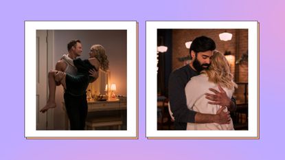 who does georgia end up with feature image; georgia being carried by paul and georgia hugging joe in ginny & georgia season 2 all on a purple background