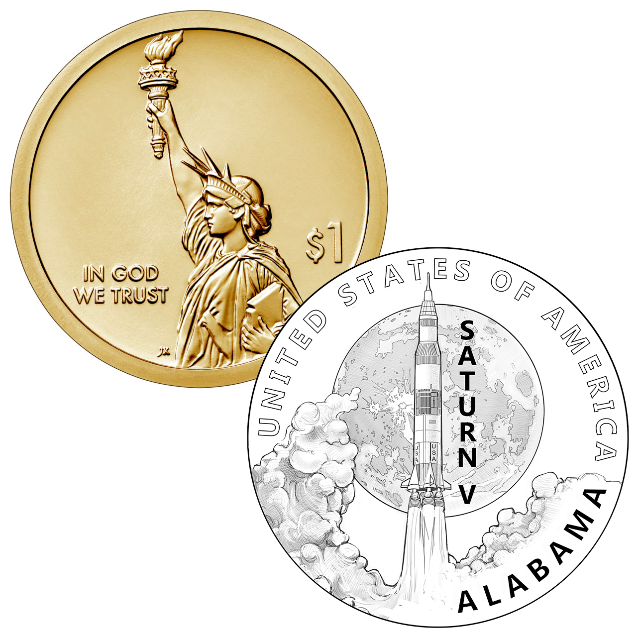 illustrations of two sides of a coin, one showing the statue of liberty and the other showing a rocket launching with the moon in the background