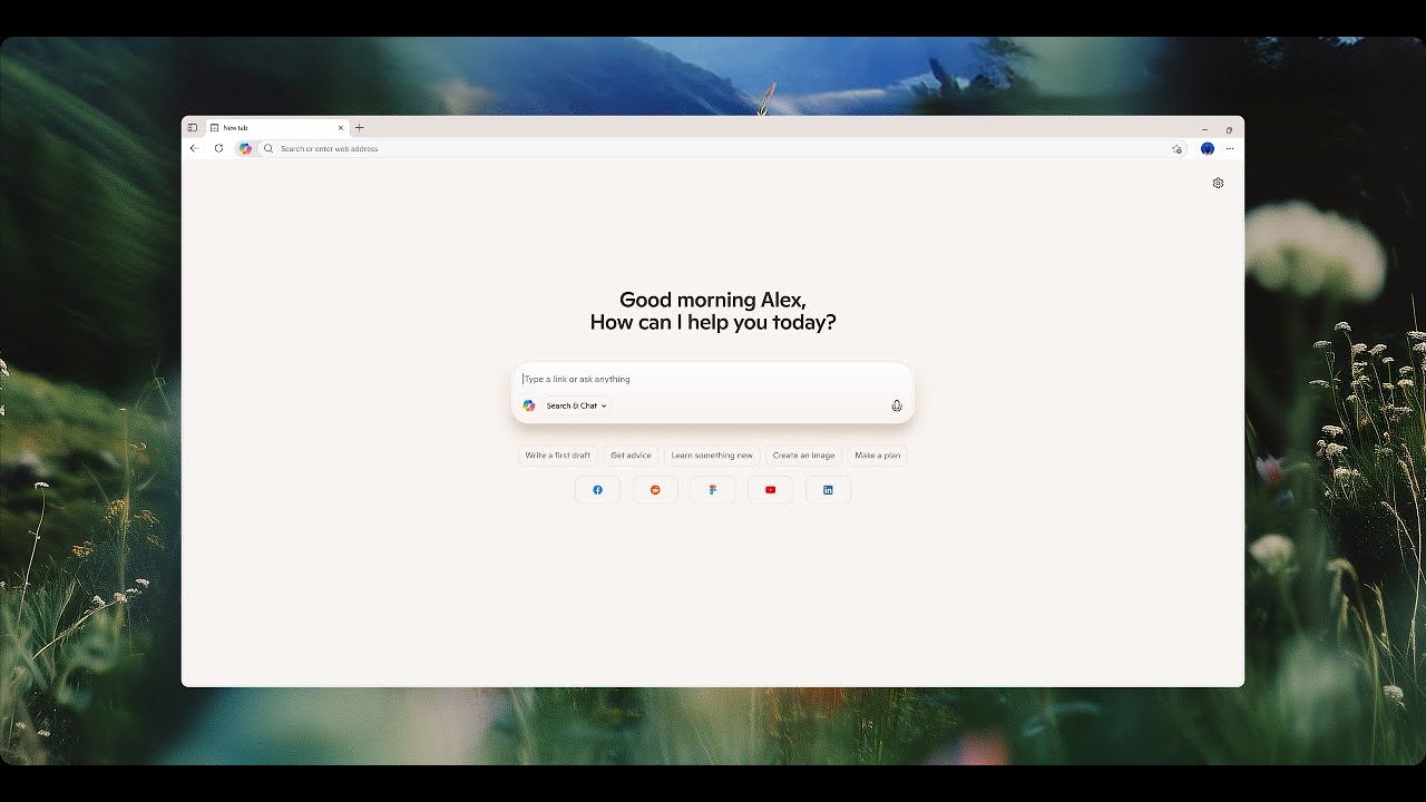 A screenshot of the experimental CoPilot Mode in Microsoft Edge with a green plant-based wallpaper behind it