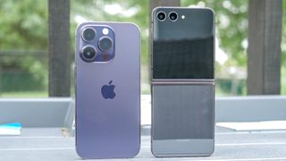 Apple iPhone 14 Pro Max vs. Samsung Galaxy Z Flip 5 side-by-side comparison.
