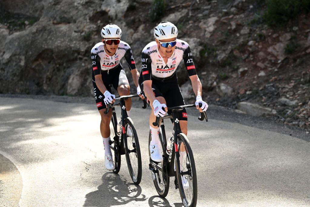 MURCIA SPAIN FEBRUARY 15 LR Isaac Del Toro of Mexico and Tim Wellens of Belgium and Team UAE Team Emirates XRG compete during the 45th Vuelta Ciclista a la Regin de Murcia Costa Calida 2025 a 1996km one day race from Jumilla to Murcia on February 15 2025 in Murcia Spain Photo by Tim de WaeleGetty Images