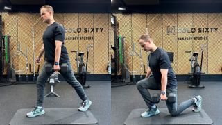 Ollie Thompson demonstrates two positions of the split squat