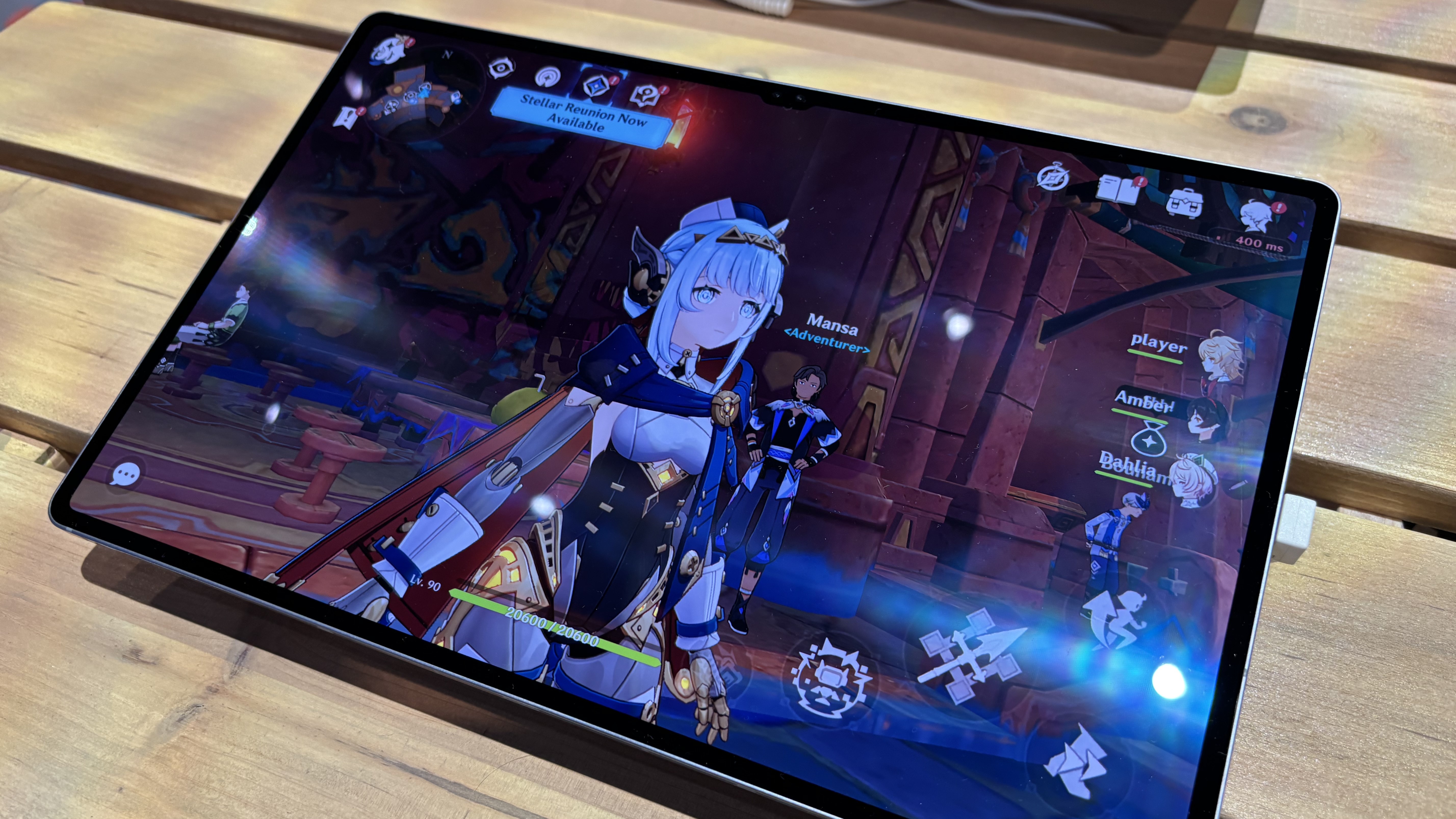 The Samsung Galaxy Tab S10 Ultra running Genshin Impact.