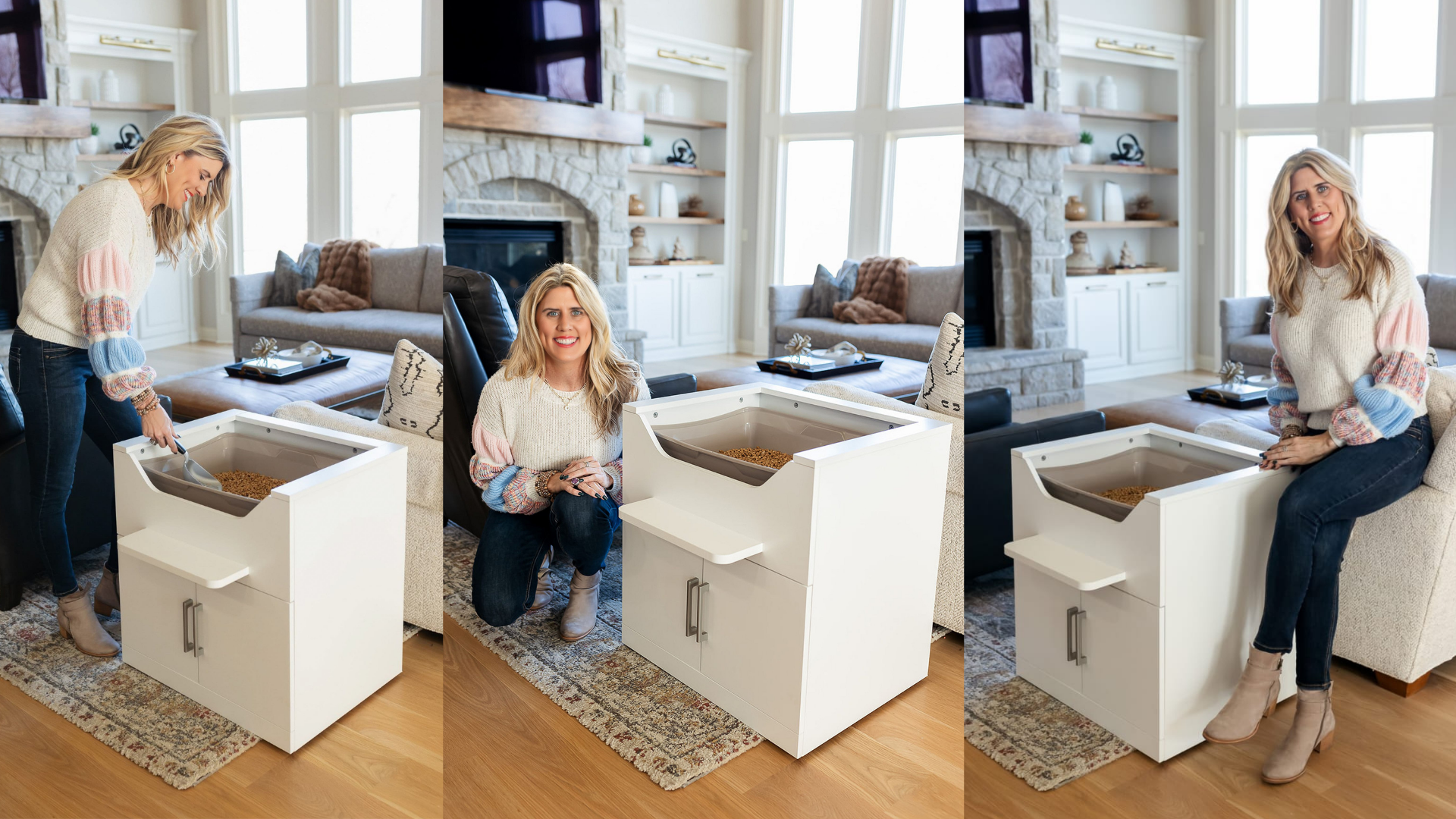Montage of three photos of Amy Leiker, loftyloo founder, with the LoftyLoo litter box. One of her bending down and scooping, one of her crouching down next to it, and another of her perched on a sofa arm next to it
