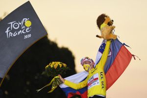 Tadej Pogačar celebrates winning the Tour de France 2020