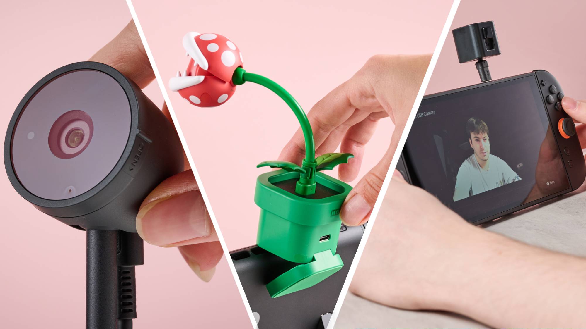 Nintendo Switch 2 camera, Hori Piranha Plant Camera, and Hori USB Camera all together