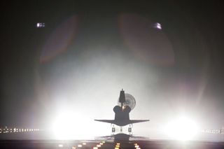 Xenon lights outlined space shuttle Endeavour as it returned home to NASA's Kennedy Space Center in Florida. Endeavour landed for the final time on the Shuttle Landing Facility's Runway 15, on June 1, 2011, marking the 24th night landing of NASA's Space S
