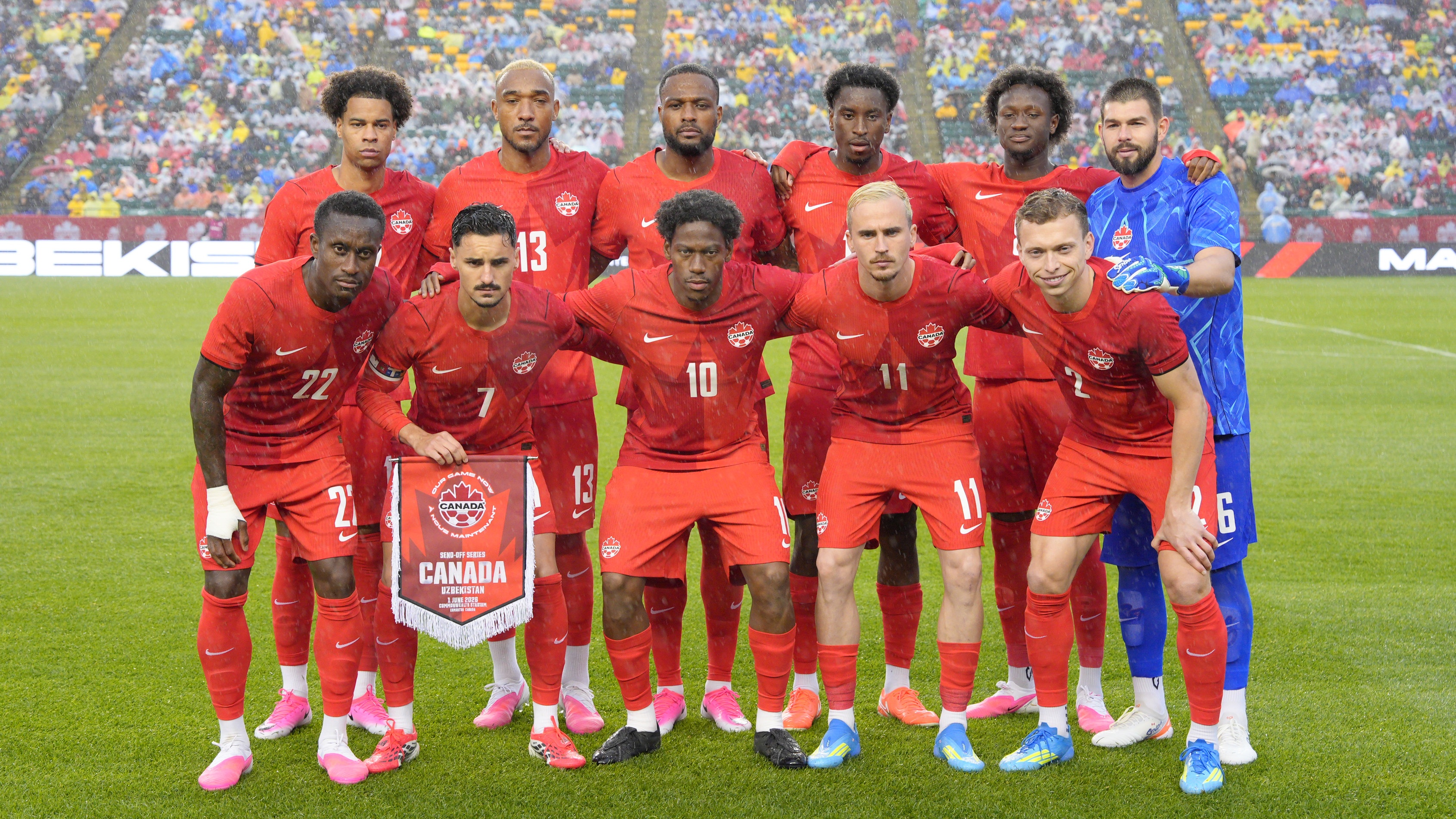 Players of Canada pose for a photo prior to the international friendly match between Canada and Uzbekistan at Commonwealth Stadium on June 01, 2026 in Edmonton, Alberta