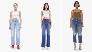 A composite of models wearing jeans made in the usa from mother denim