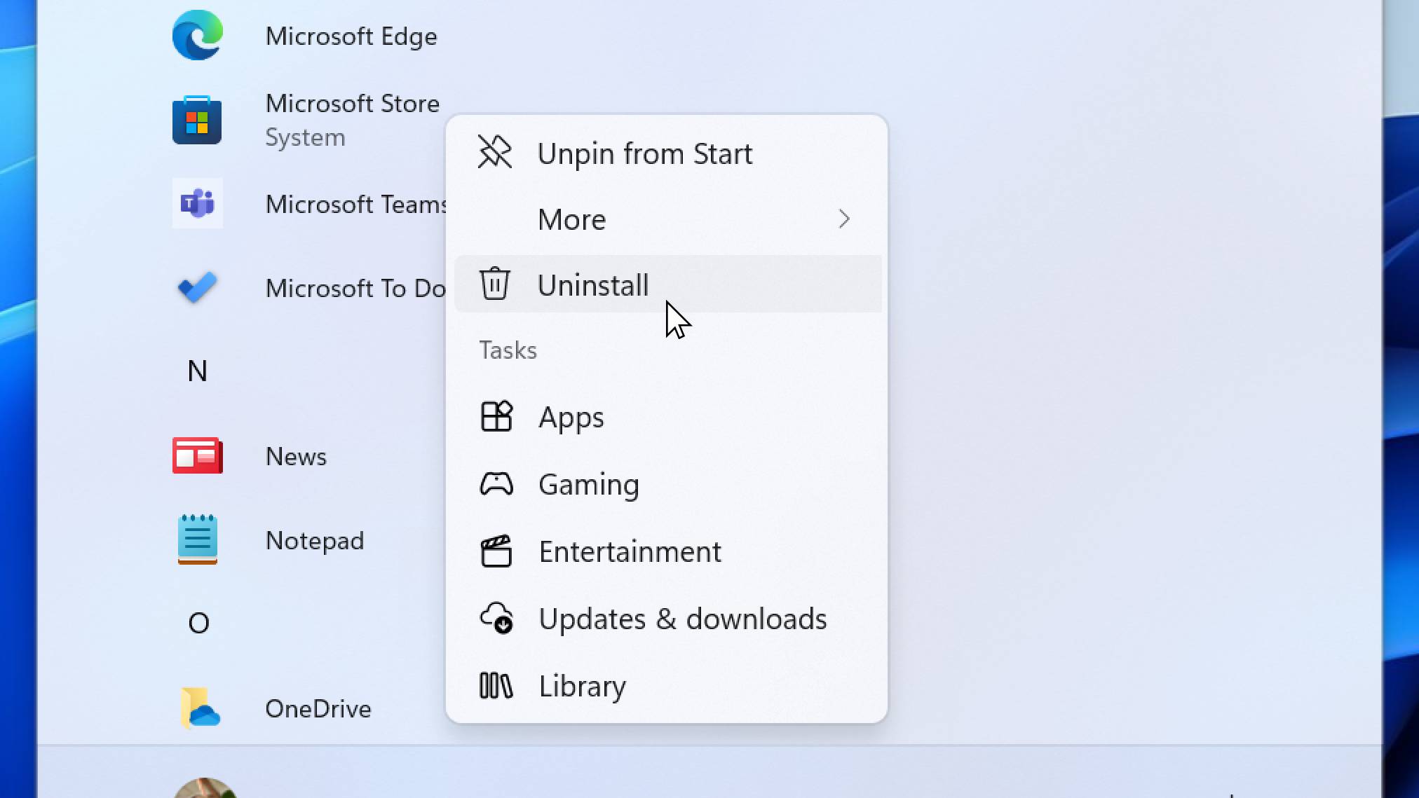 Screenshot of Windows 11 Microsoft Store uninstall option