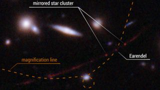 This zoomed-in detail view shows the location of the distant star Earendel along a ripple in space-time (dotted line) that magnified it so that the Hubble Space Telescope could spot it from 12.9 billion light-years away.